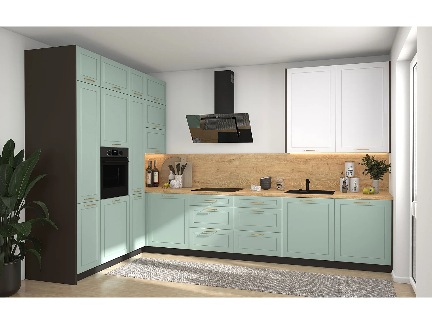 L-FORM KÜCHENZEILE Bari (16-tlg) Lava / Blassgrün - Signalweiß