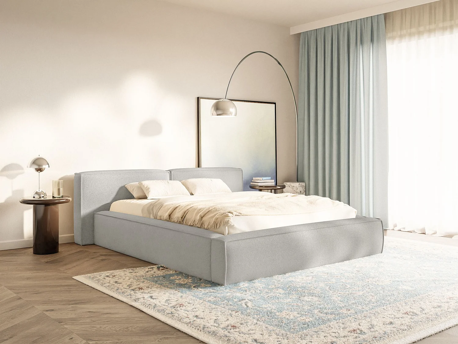 Lit coffre 160x200 avec coffre – sommier à lattes – chenille – gris clair – TILVES LOW