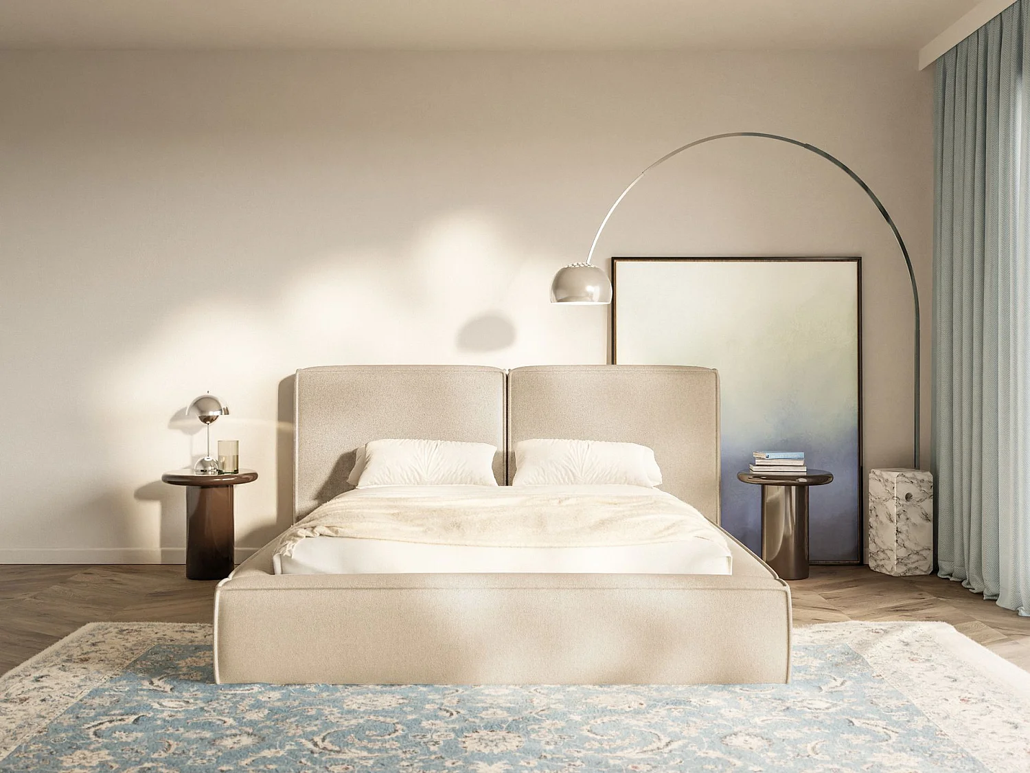 Lit tapissé 200x200 avec coffre – sommier à lattes – chenille – beige clair – TILVES