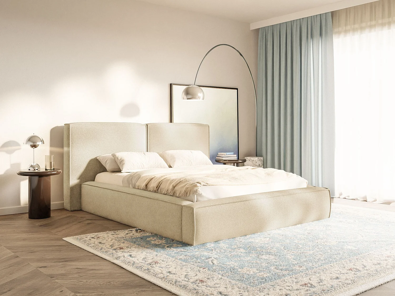 Gestoffeerd bed 200x200 – opbergruimte – lattenbodem – chenille – lichtbeige – TILVES