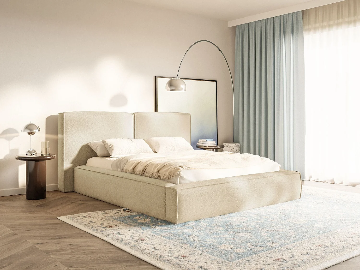 Gestoffeerd bed 200x200 – opbergruimte – lattenbodem – chenille – lichtbeige – TILVES