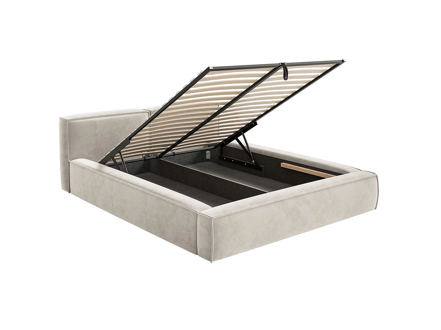 Lit coffre 160x200 avec coffre – sommier à lattes – velours – grège – TILVES SLIM
