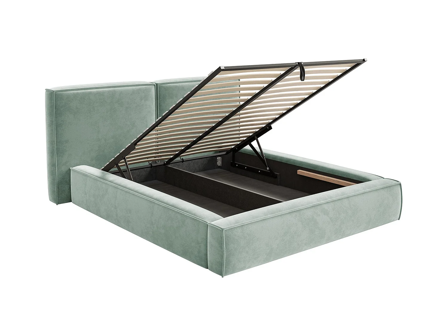 Lit tapissé 140x200 avec coffre – sommier à lattes – velours – vert sauge – TILVES