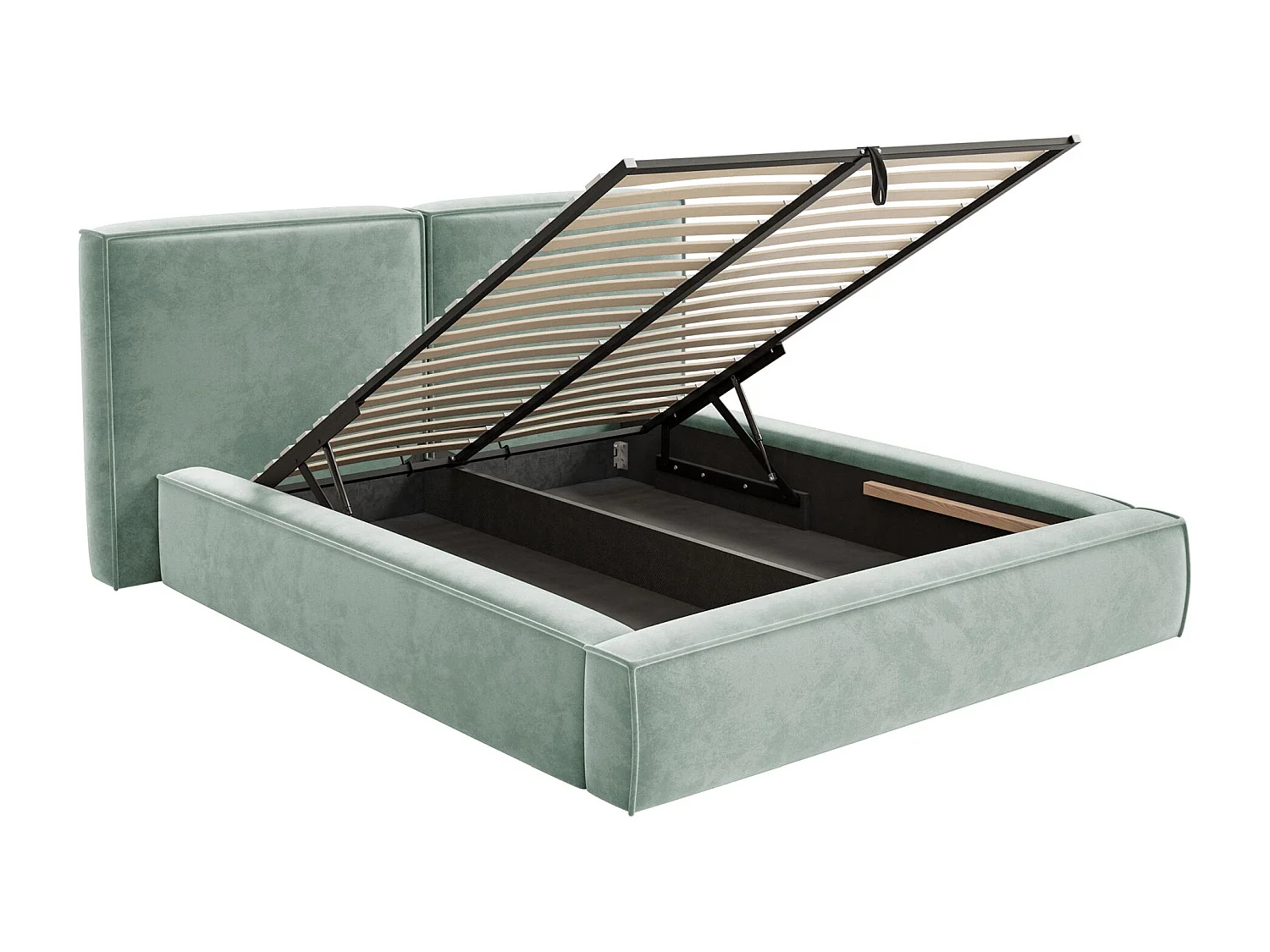 Lit tapissé 140x200 avec coffre – sommier à lattes – velours – vert sauge – TILVES