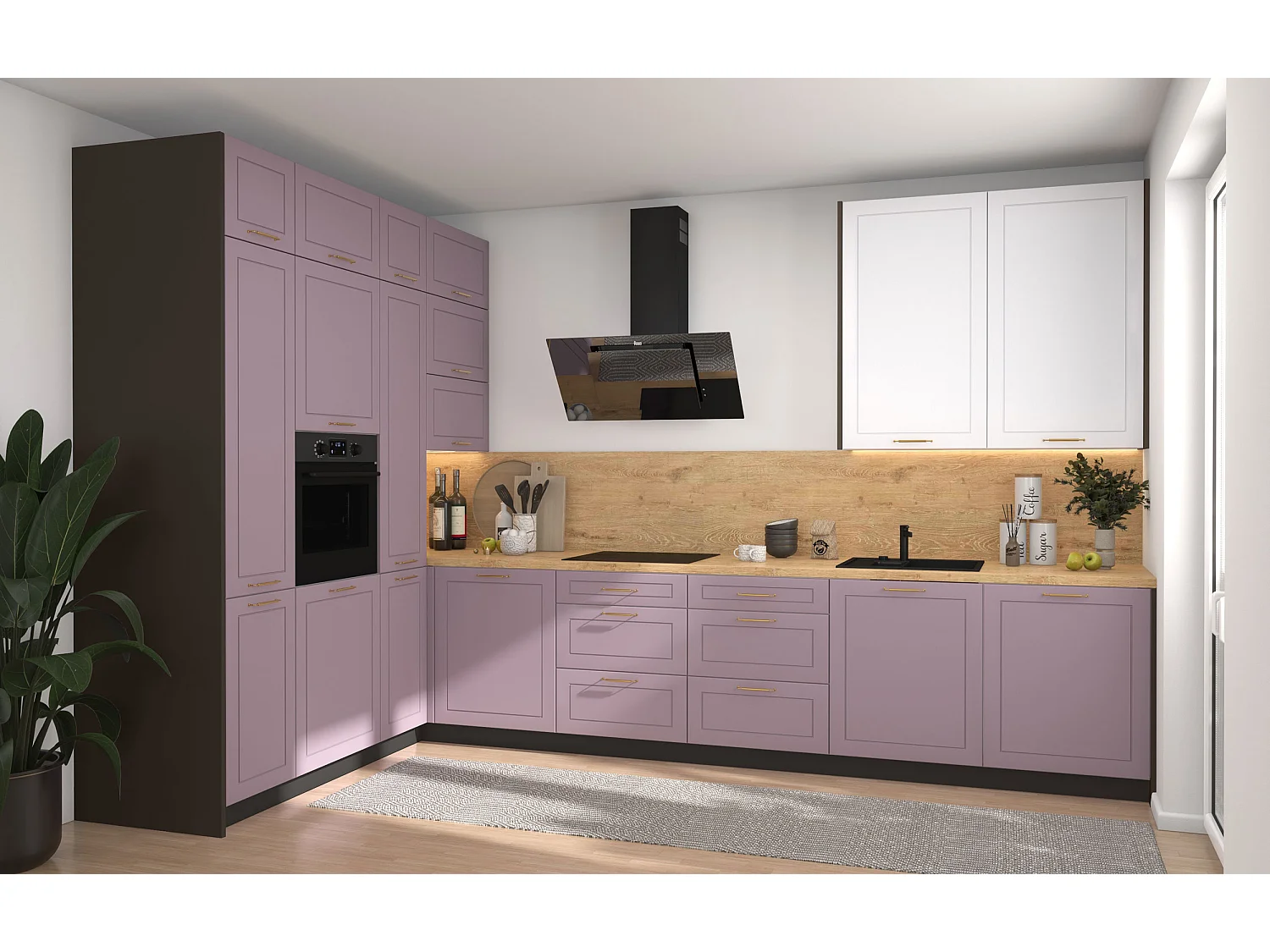 L-FORM KÜCHENZEILE Bari (16-tlg) Lava / Pastellviolett - Signalweiß