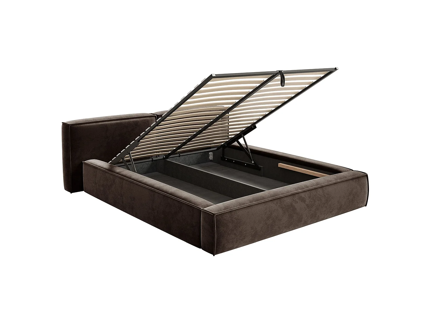 Lit coffre 160x200 avec coffre – sommier à lattes – velours – brun – TILVES LOW