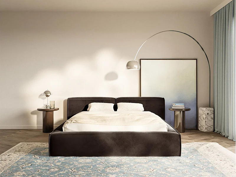 Lit coffre 160x200 avec coffre – sommier à lattes – velours – brun – TILVES LOW