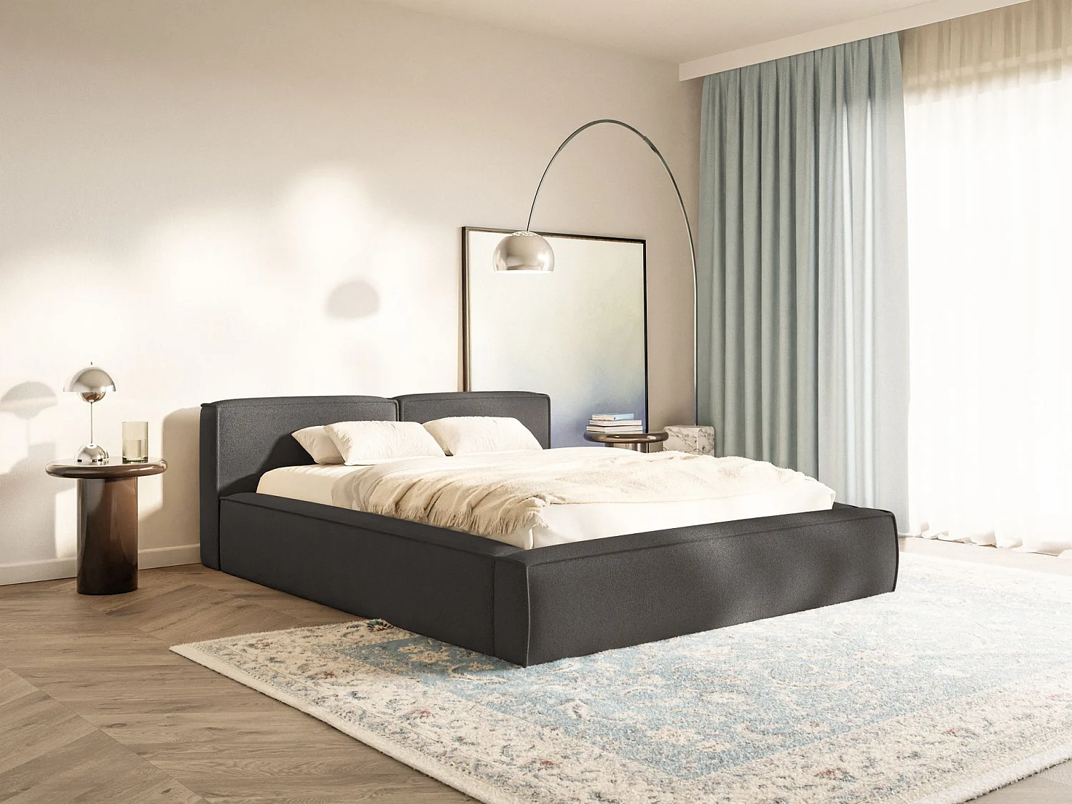 Lit coffre 200x200 avec coffre – sommier à lattes – chenille – gris graphite – TILVES SLIM