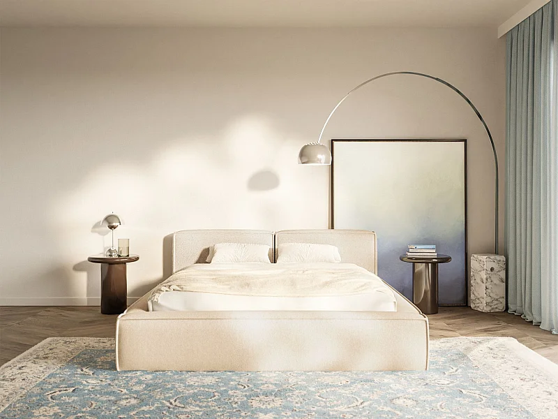 Lit coffre 160x200 avec coffre – sommier à lattes – chenille – beige clair – TILVES SLIM