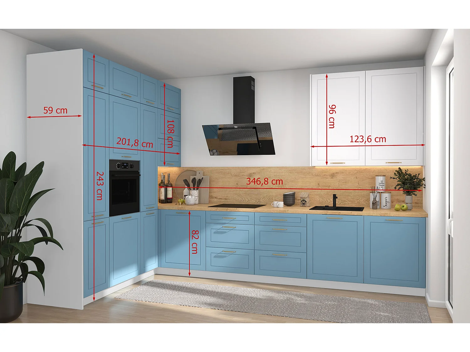 L-FORM KÜCHENZEILE Bari (16-tlg) Weiß / Pastellblau - Signalweiß