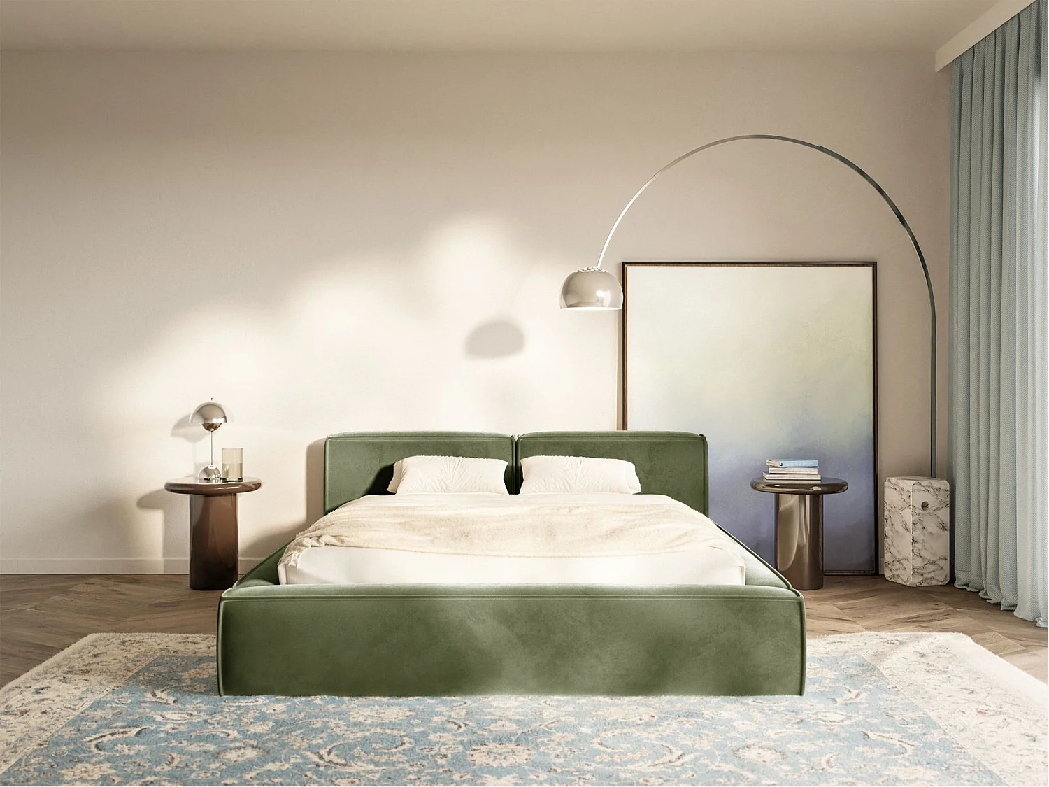 Polsterbett 140x200 mit Bettkasten – Lattenrost – Velours – olivgrün – TILVES SLIM