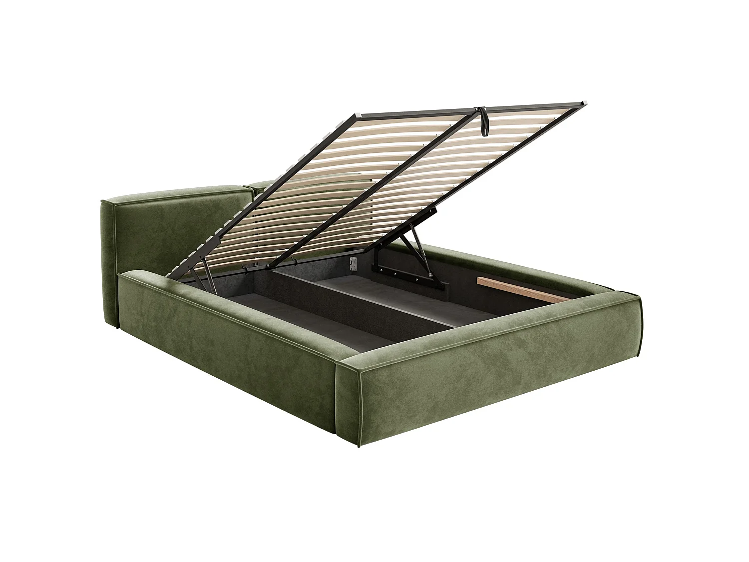 Lit coffre 140x200 avec coffre – sommier à lattes – velours – vert olive – TILVES SLIM