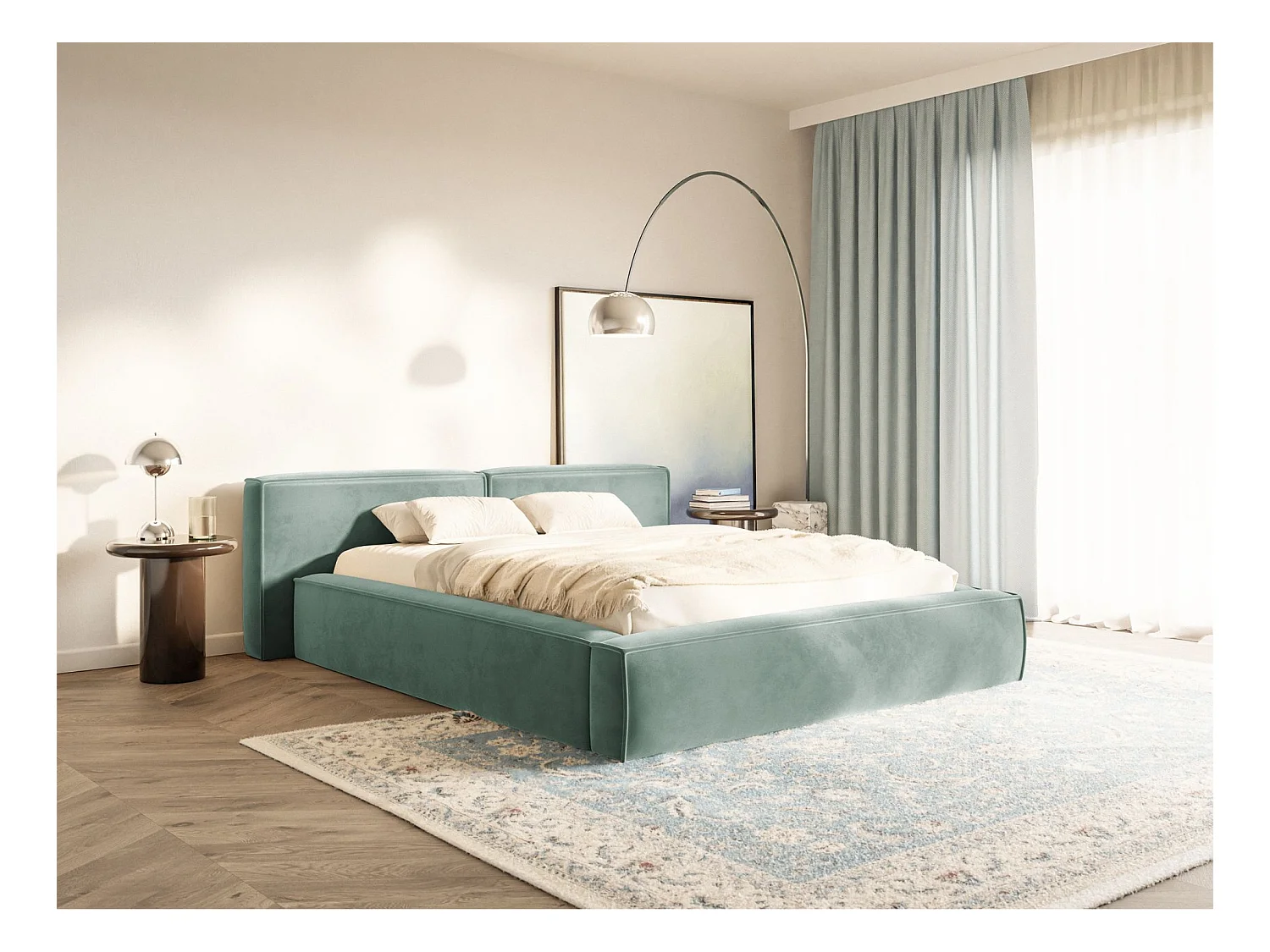 Polsterbett 200x200 mit Bettkasten – Lattenrost – Velours – salbeigrün – TILVES LOW