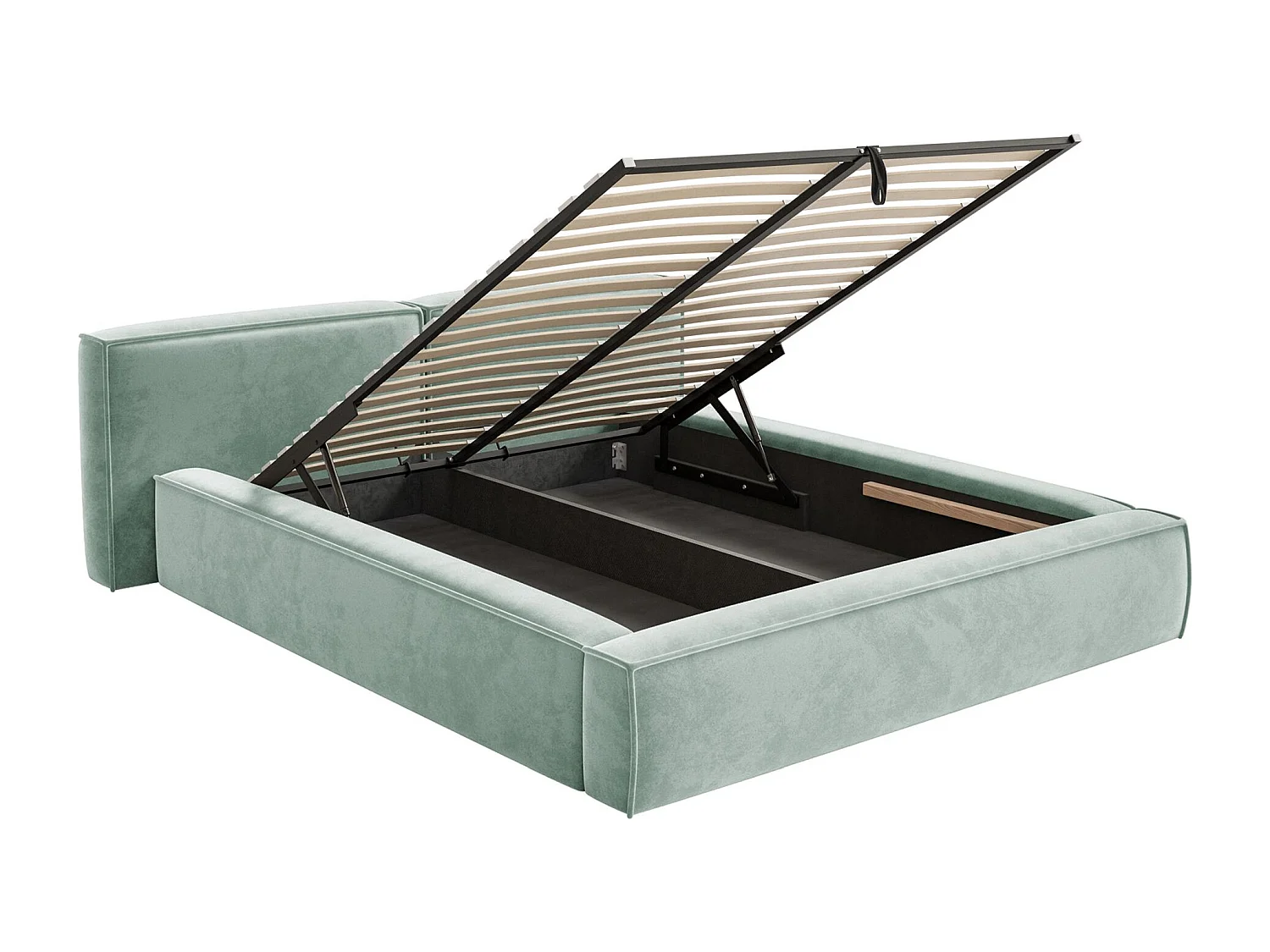 Lit coffre 200x200 avec coffre – sommier à lattes – velours – vert sauge – TILVES LOW