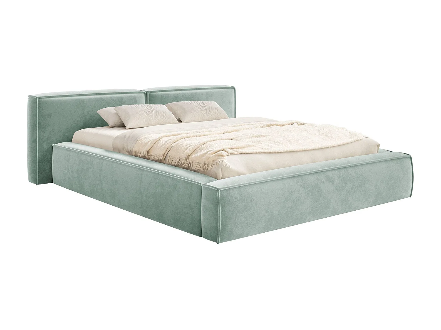 Lit coffre 200x200 avec coffre – sommier à lattes – velours – vert sauge – TILVES LOW