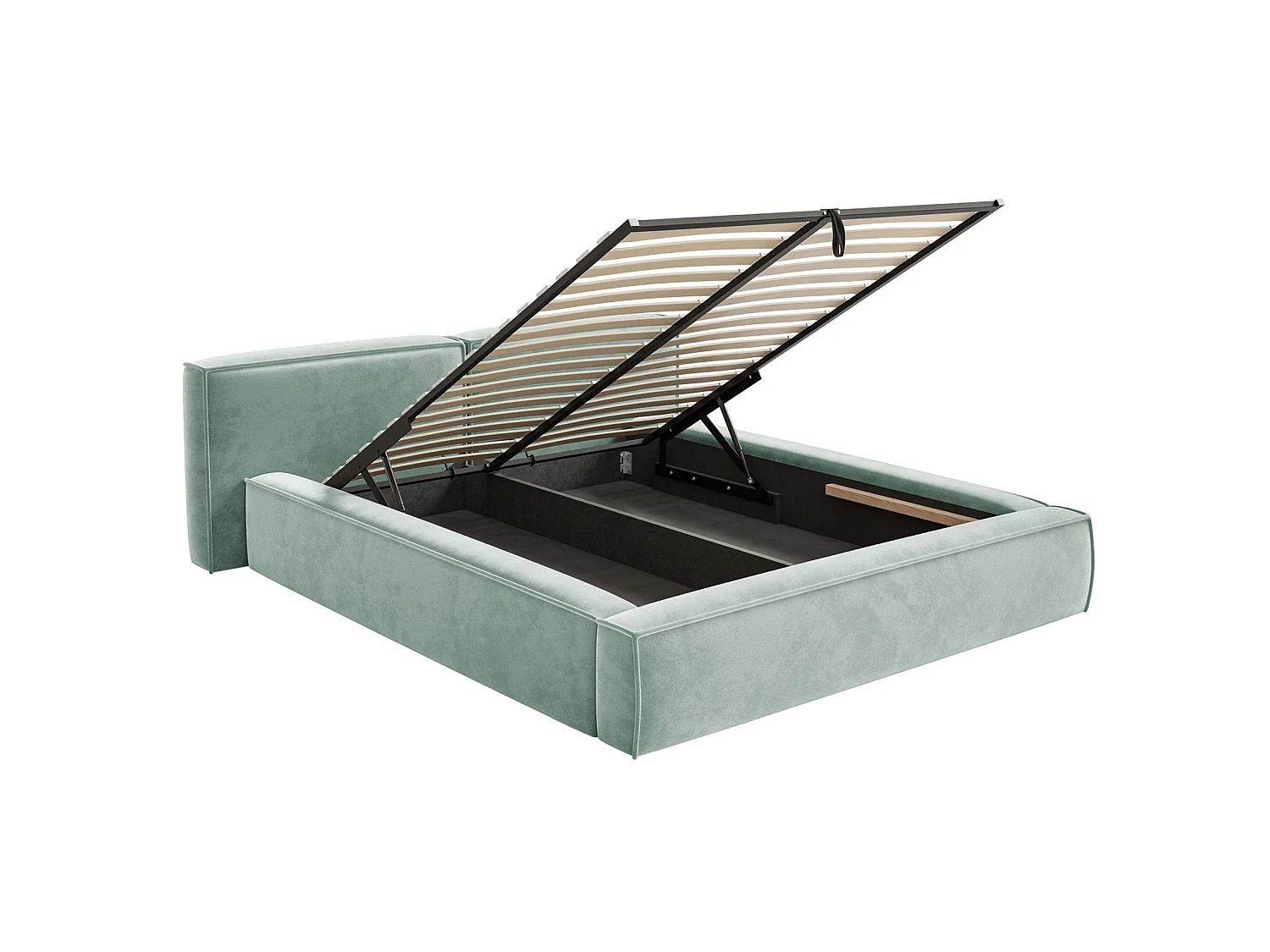 Lit coffre 200x200 avec coffre – sommier à lattes – velours – vert sauge – TILVES LOW
