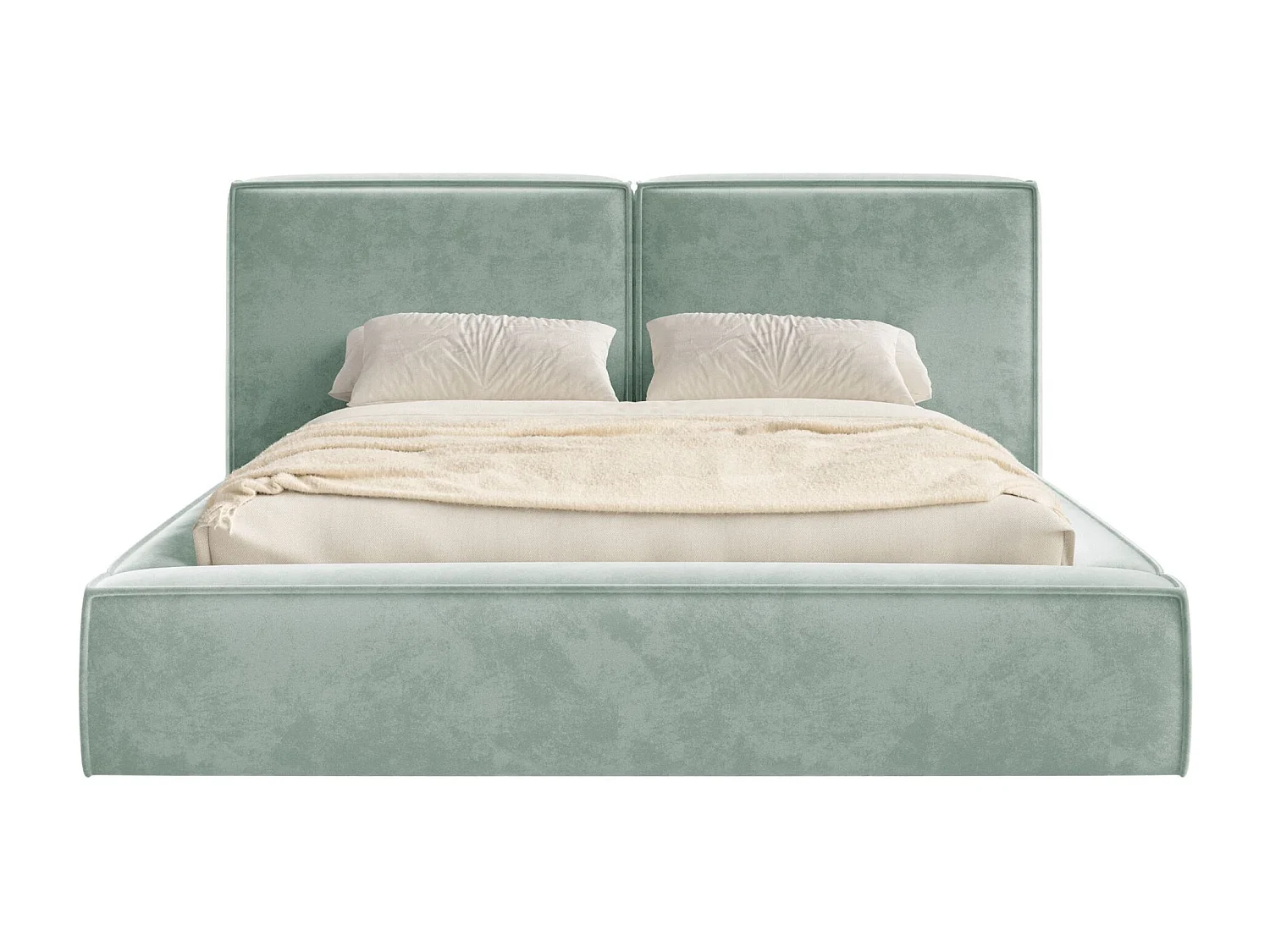 Lit tapissé 180x200 avec coffre – sommier à lattes – velours – vert sauge – TILVES