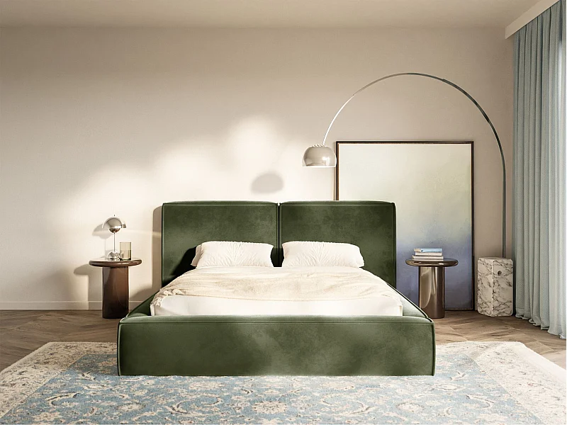Lit tapissé 160x200 avec coffre – sommier à lattes – velours – vert olive – TILVES