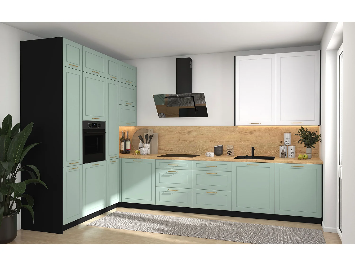 L-FORM KÜCHENZEILE Bari (16-tlg) Schwarz / Blassgrün - Signalweiß