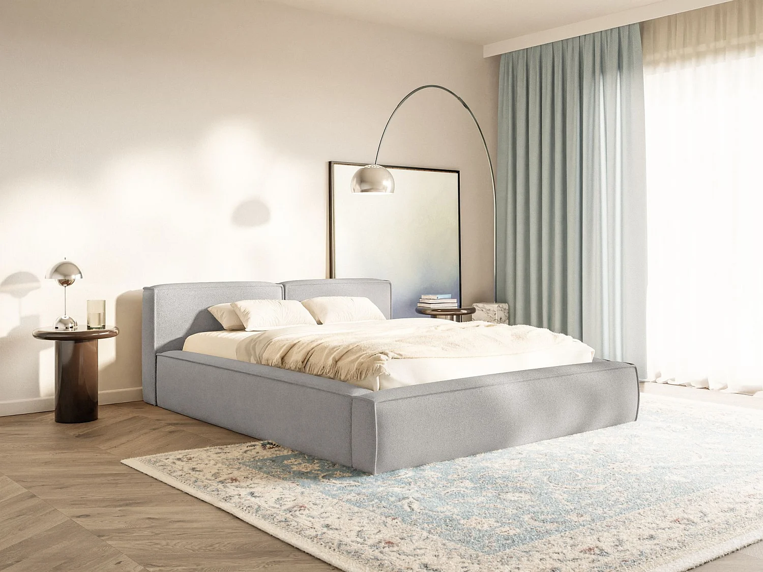 Lit coffre 180x200 avec coffre – sommier à lattes – chenille – gris clair – TILVES SLIM