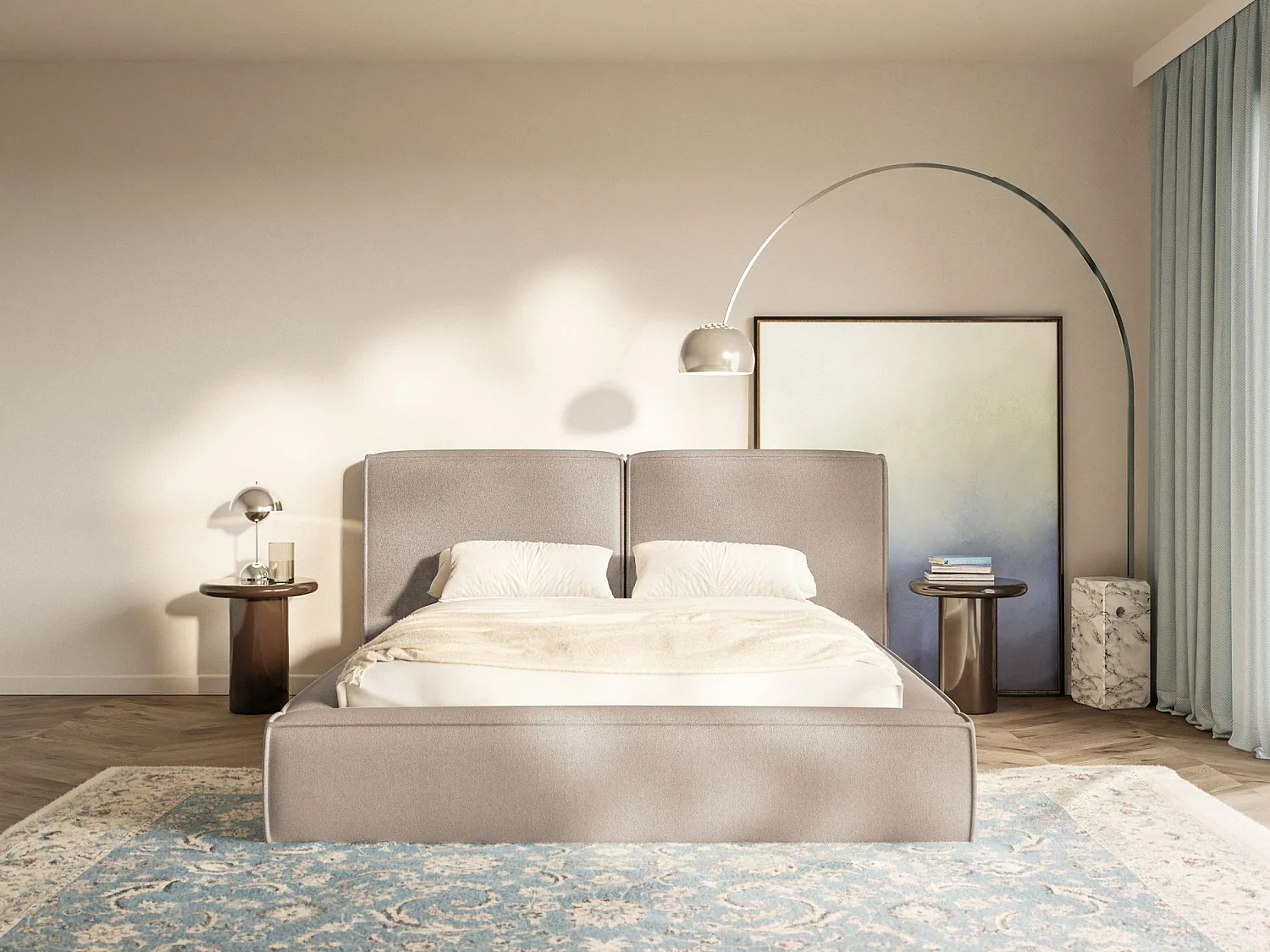 Lit tapissé 160x200 avec coffre – sommier à lattes – chenille – beige – TILVES