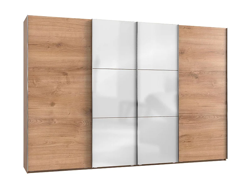 SCHWEBETÜRENSCHRANK Level Plankeneiche / Weißglas 350 / 65 / 236cm