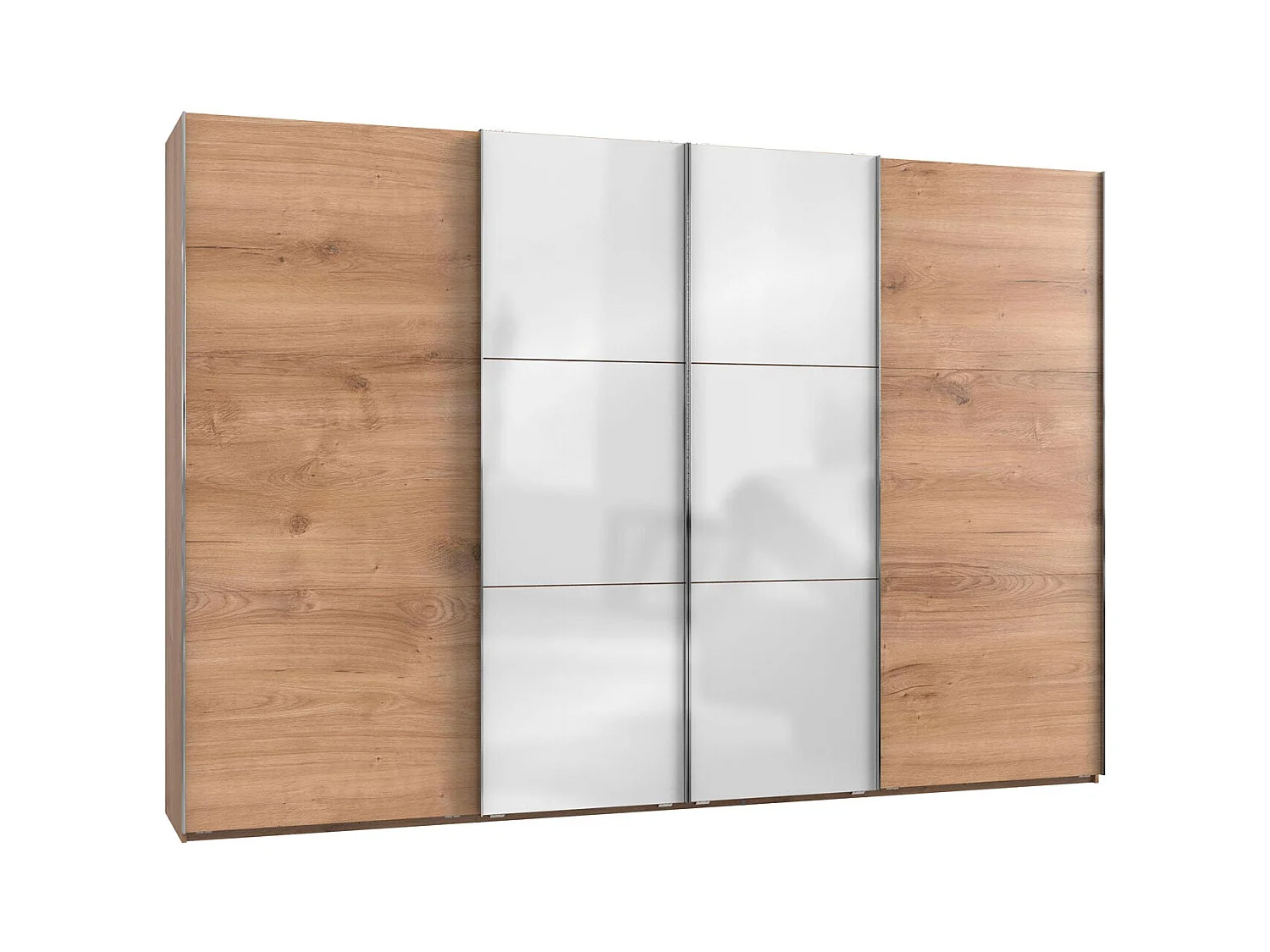 SCHWEBETÜRENSCHRANK Level Plankeneiche / Weißglas 350 / 65 / 236cm