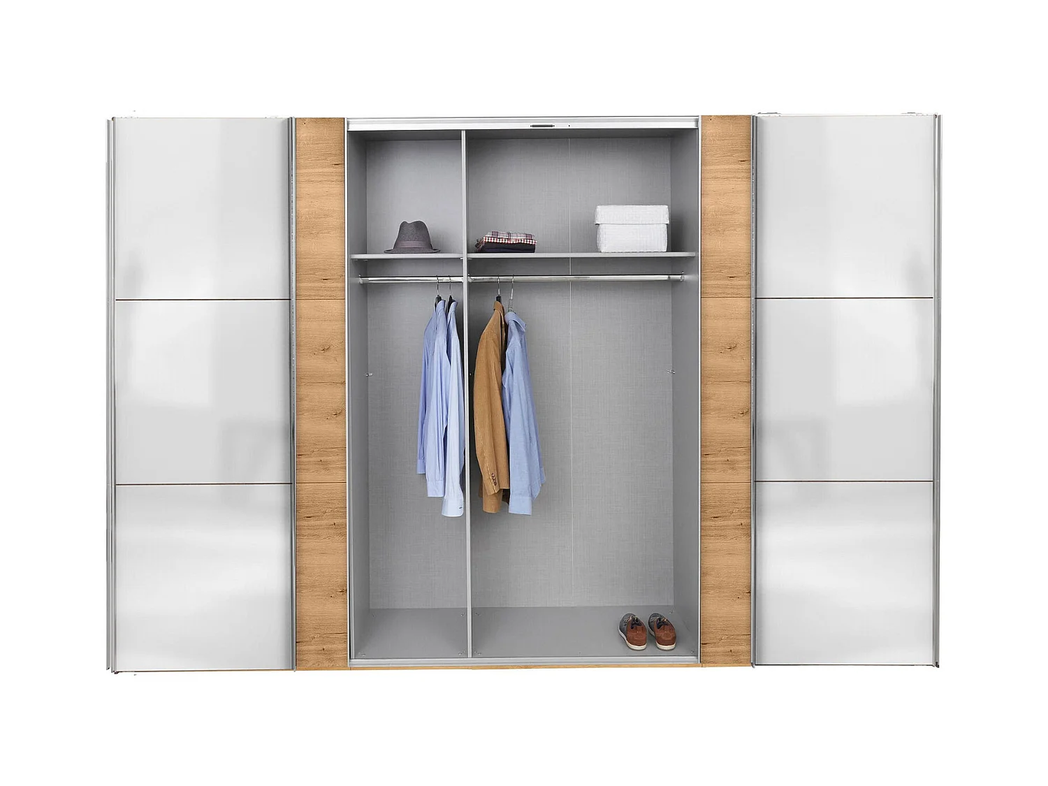 SCHWEBETÜRENSCHRANK Level Plankeneiche / Weißglas 350 / 65 / 236cm