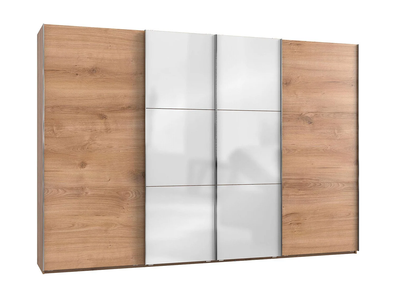 SCHWEBETÜRENSCHRANK Level Plankeneiche / Weißglas 350 / 65 / 236cm