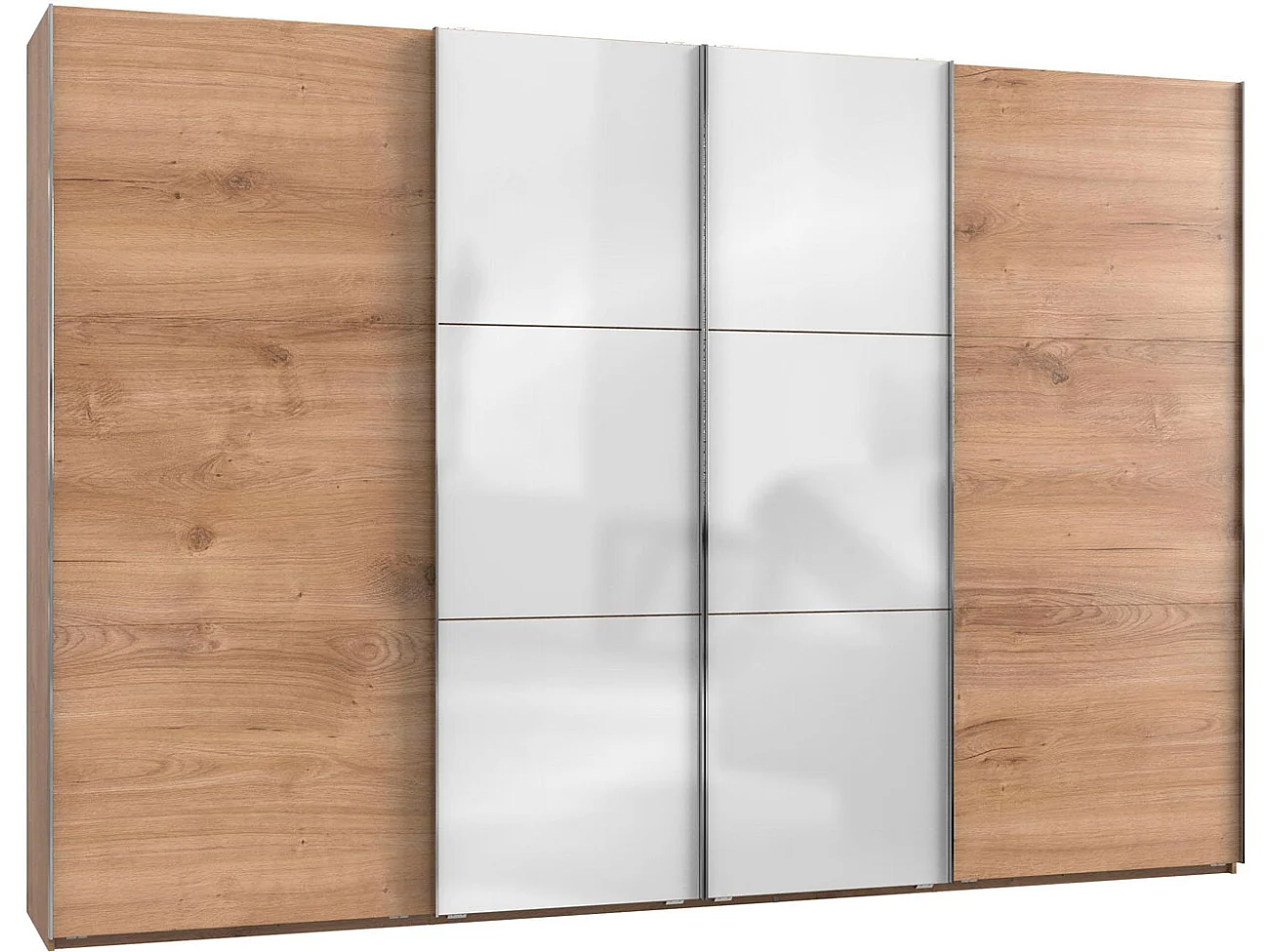 SCHWEBETÜRENSCHRANK Level Plankeneiche / Weißglas 350 / 65 / 236cm