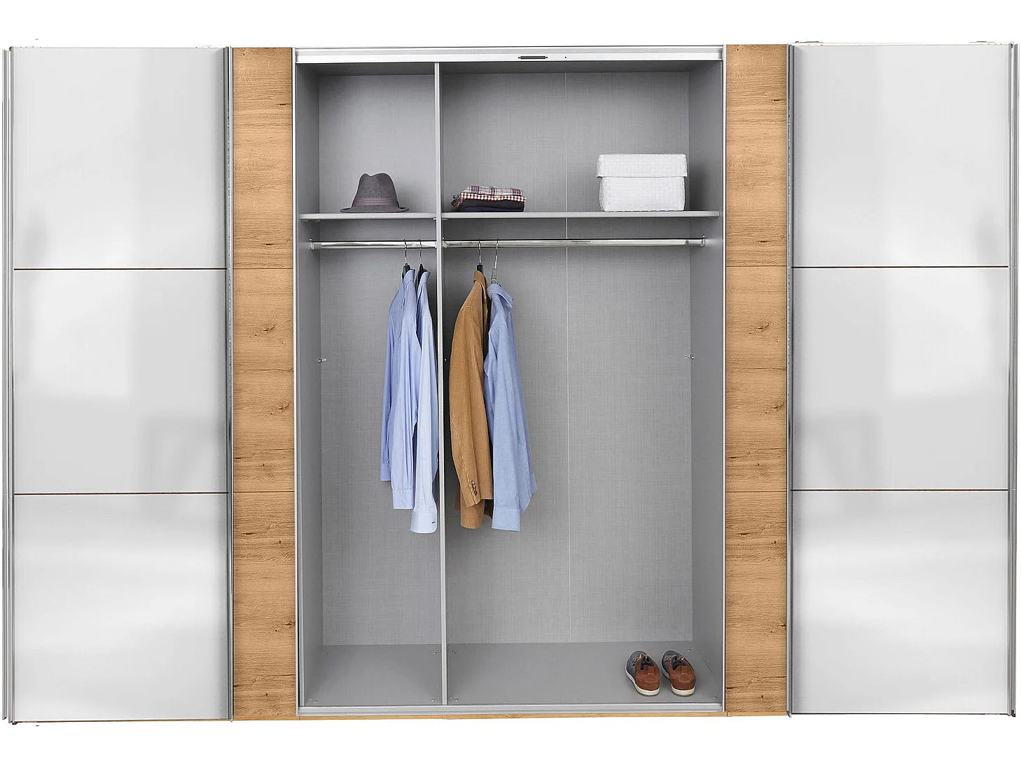 SCHWEBETÜRENSCHRANK Level Plankeneiche / Weißglas 350 / 65 / 236cm