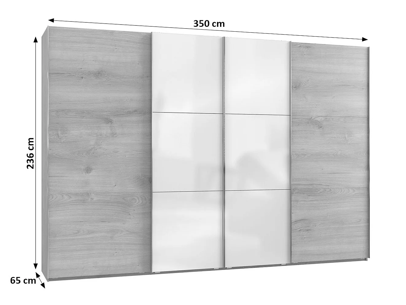 SCHWEBETÜRENSCHRANK Level Plankeneiche / Weißglas 350 / 65 / 236cm