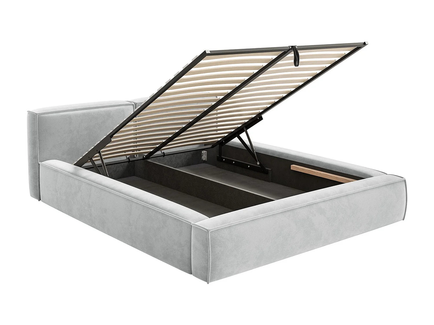 Lit coffre 200x200 avec coffre – sommier à lattes – velours – gris clair – TILVES SLIM