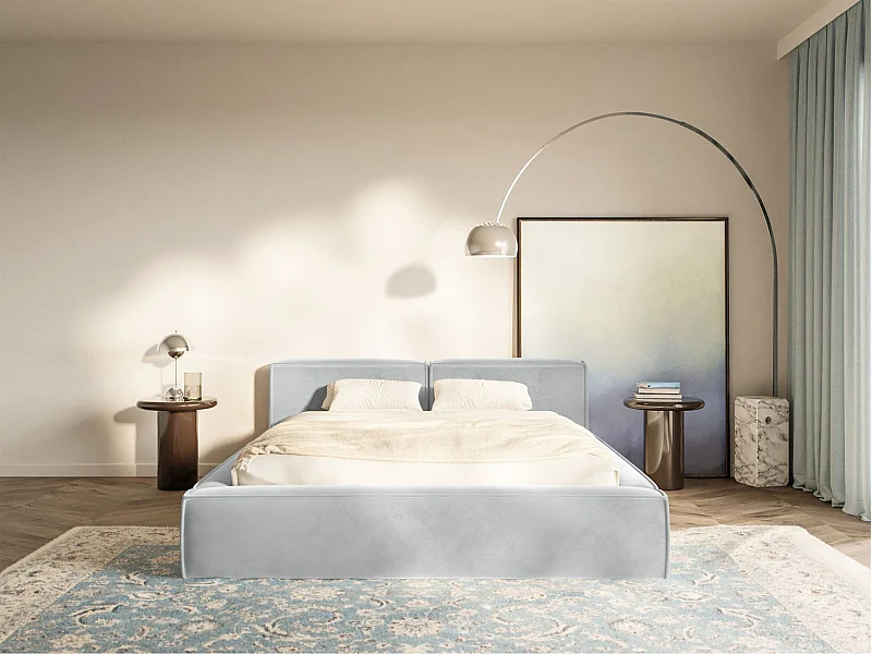 Lit coffre 200x200 avec coffre – sommier à lattes – velours – gris clair – TILVES SLIM