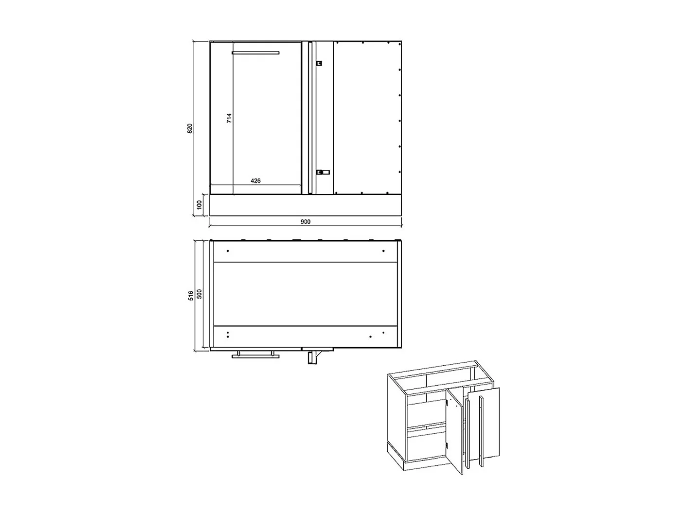 ECK-KÜCHENSCHRANK Essen D13U/90 Weiß Hochglanz / Schwarz Matt 90 / 50 / 82cm