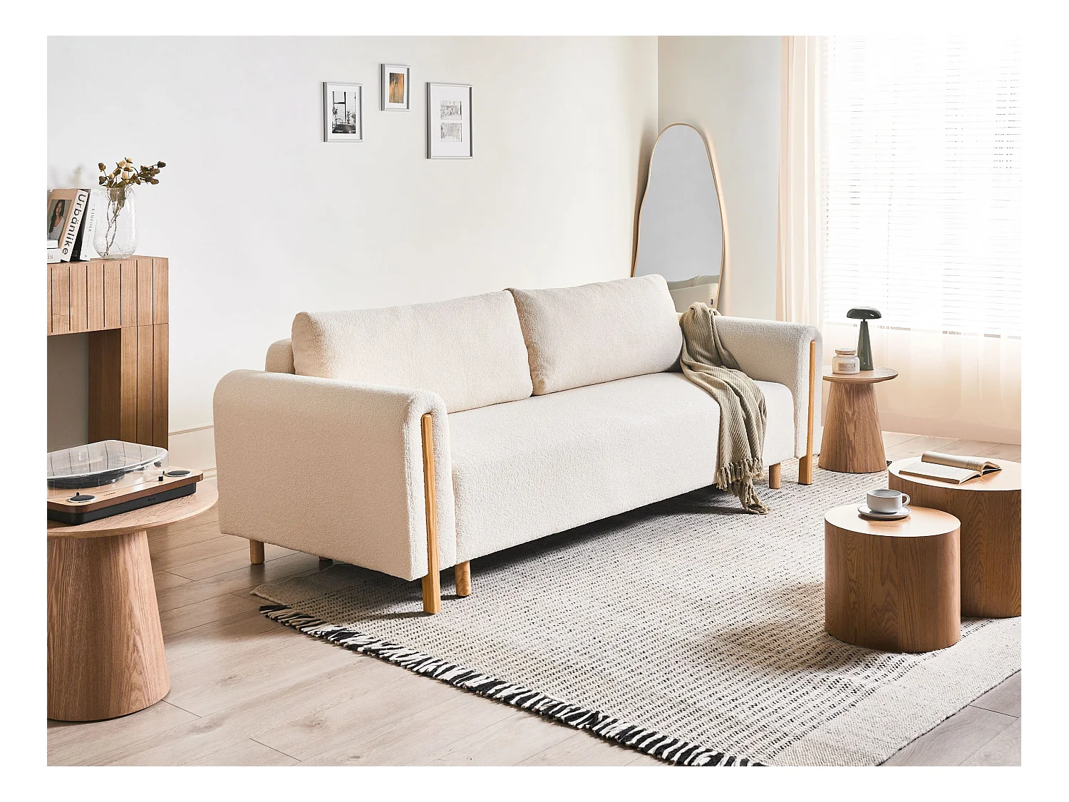 Canapé-lit 3 places KVAM Bouclé Blanc cassé avec rangement