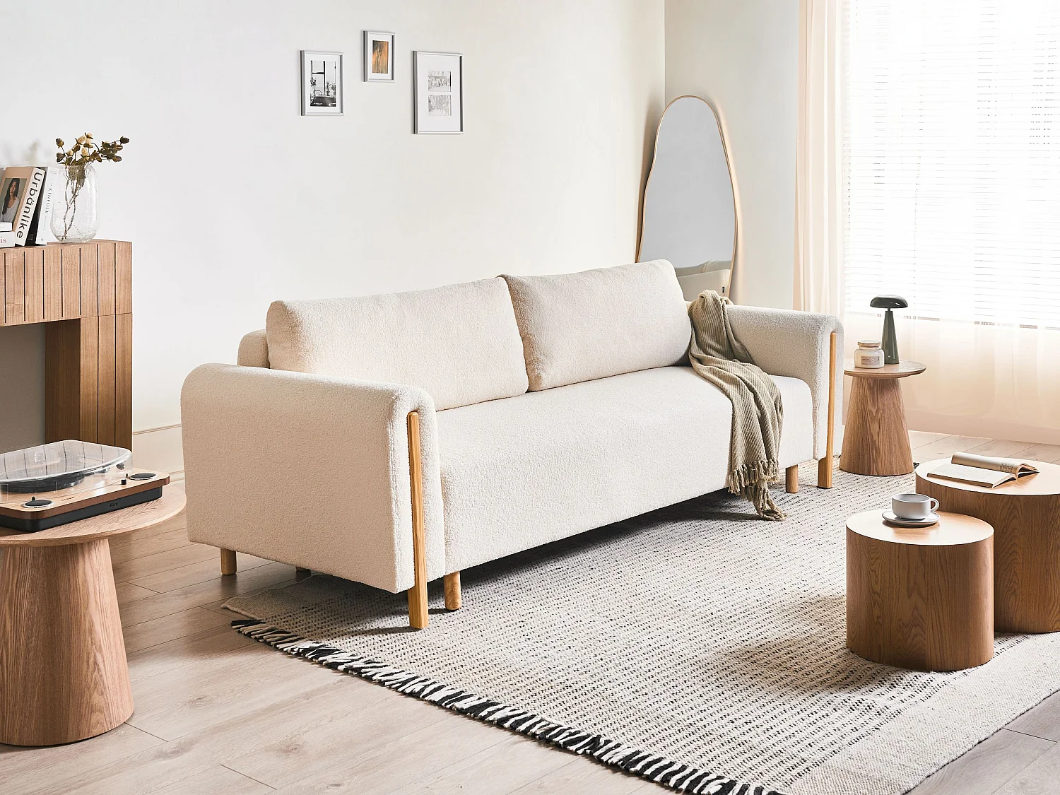 Canapé-lit 3 places KVAM Bouclé Blanc cassé avec rangement