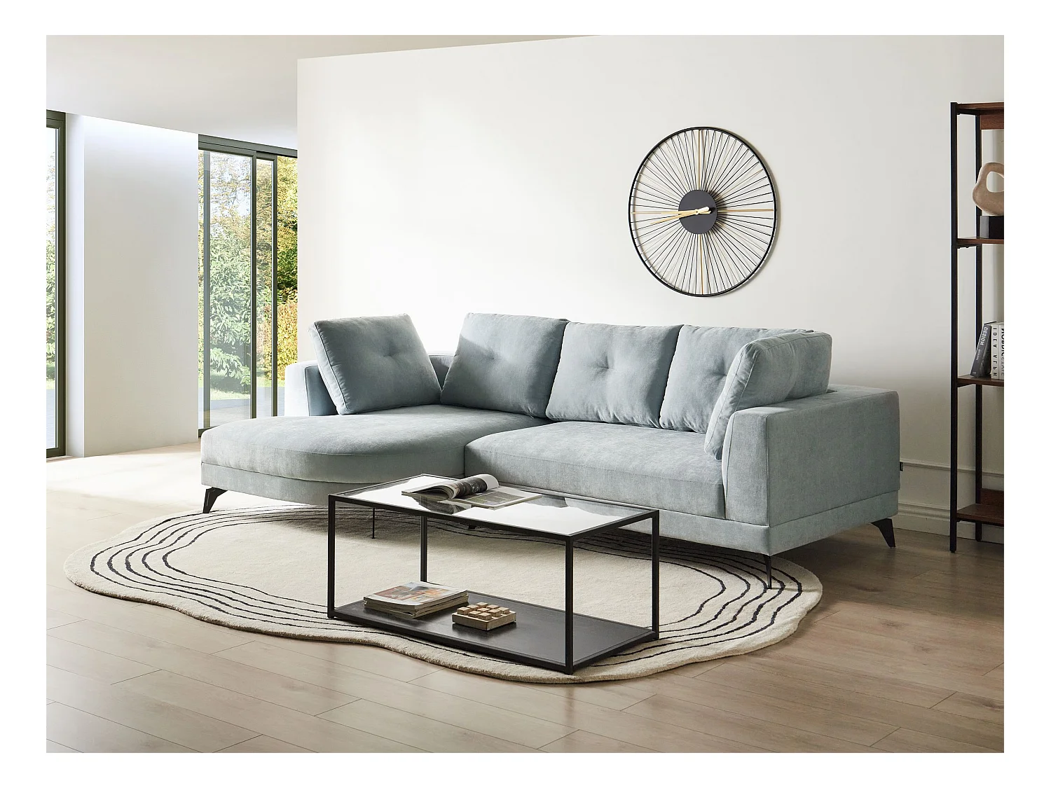 Canapé d'Angle Droit Moderne Revêtement Tissu Chenille Pieds en Fer Noirs avec Coussins Bleu Clair Marum