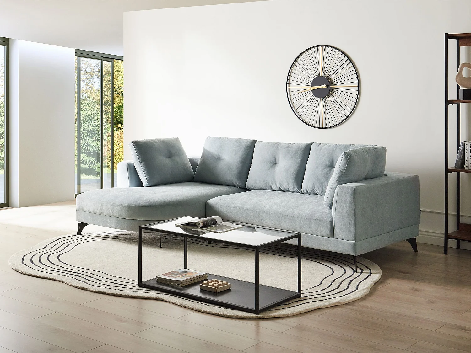 Canapé d'Angle Droit Moderne Revêtement Tissu Chenille Pieds en Fer Noirs avec Coussins Bleu Clair Marum