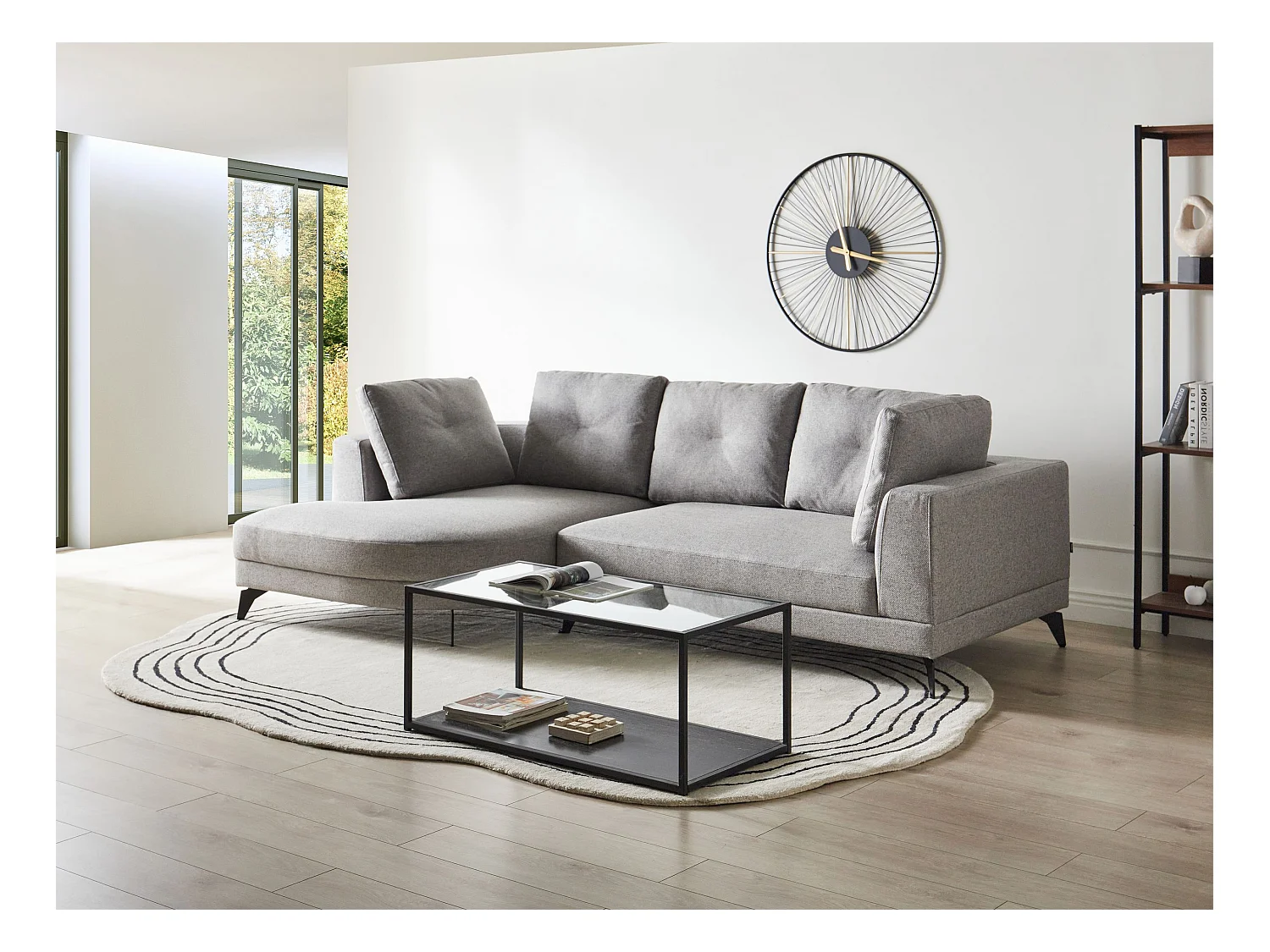 Canapé d'Angle Droit Moderne Revêtement Lin Synthétique Hydrofuge Pieds en Fer Noir avec Coussins Gris Marum