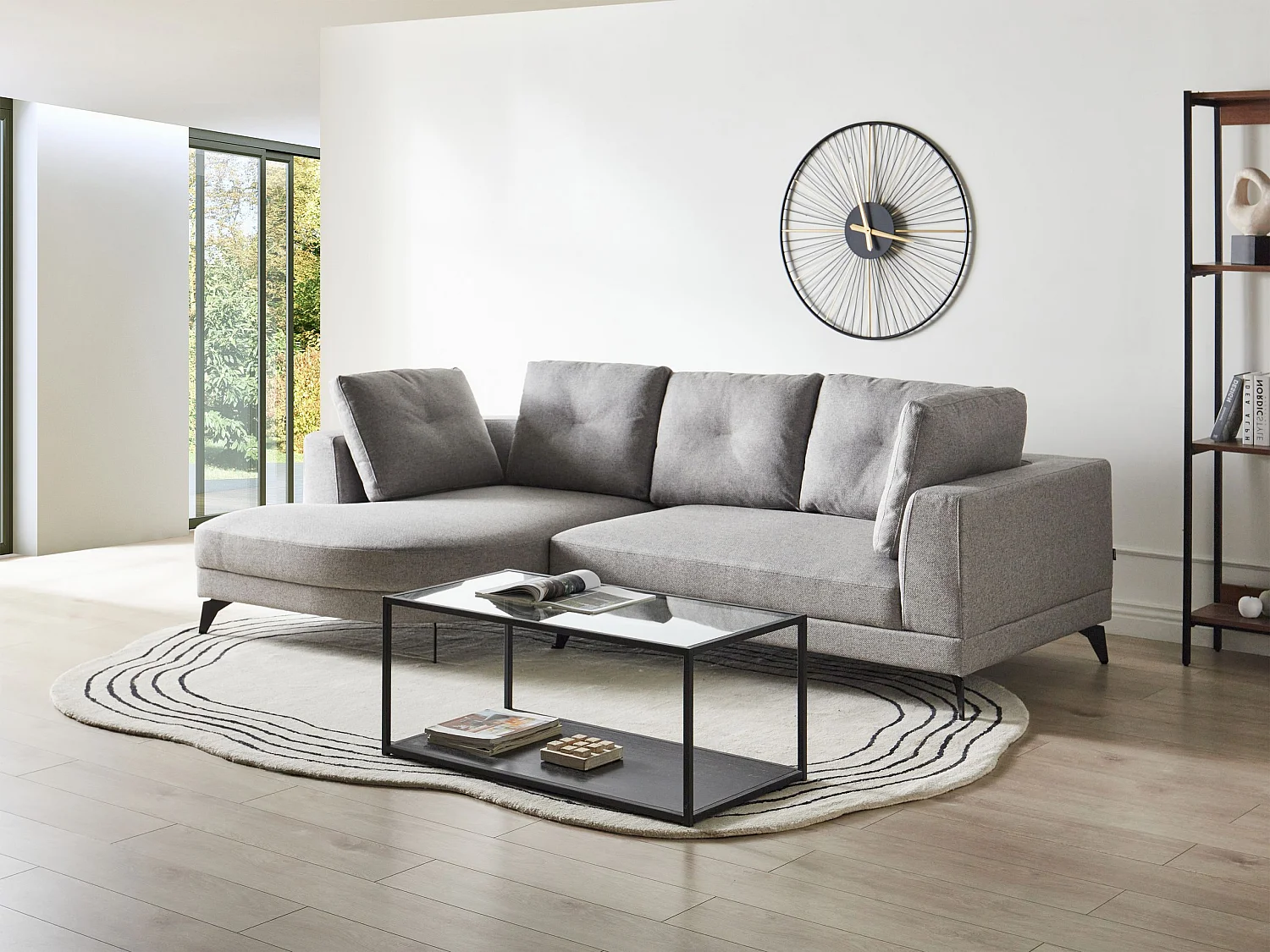 Canapé d'Angle Droit Moderne Revêtement Lin Synthétique Hydrofuge Pieds en Fer Noir avec Coussins Gris Marum