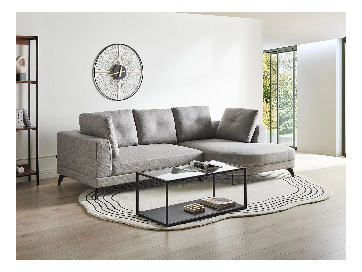 Canapé d'Angle droite Moderne Revêtement Lin Synthétique Hydrofuge Pieds en Fer Noir avec Coussins Gris Marum