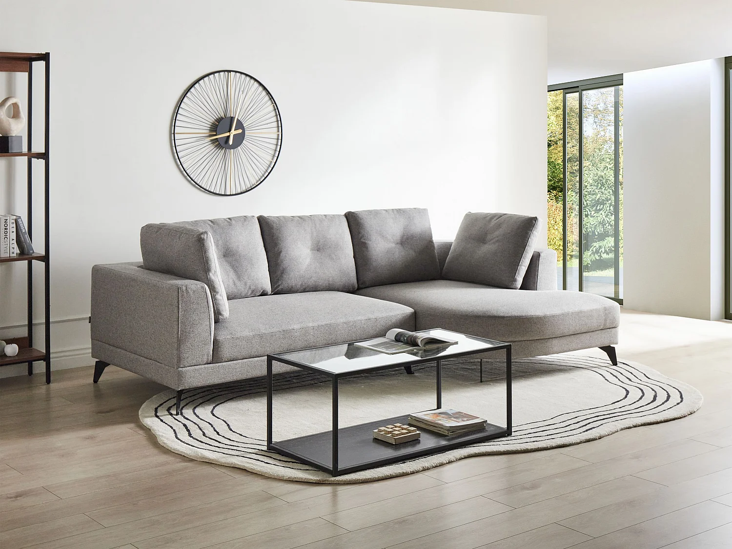 Canapé d'Angle droite Moderne Revêtement Lin Synthétique Hydrofuge Pieds en Fer Noir avec Coussins Gris Marum