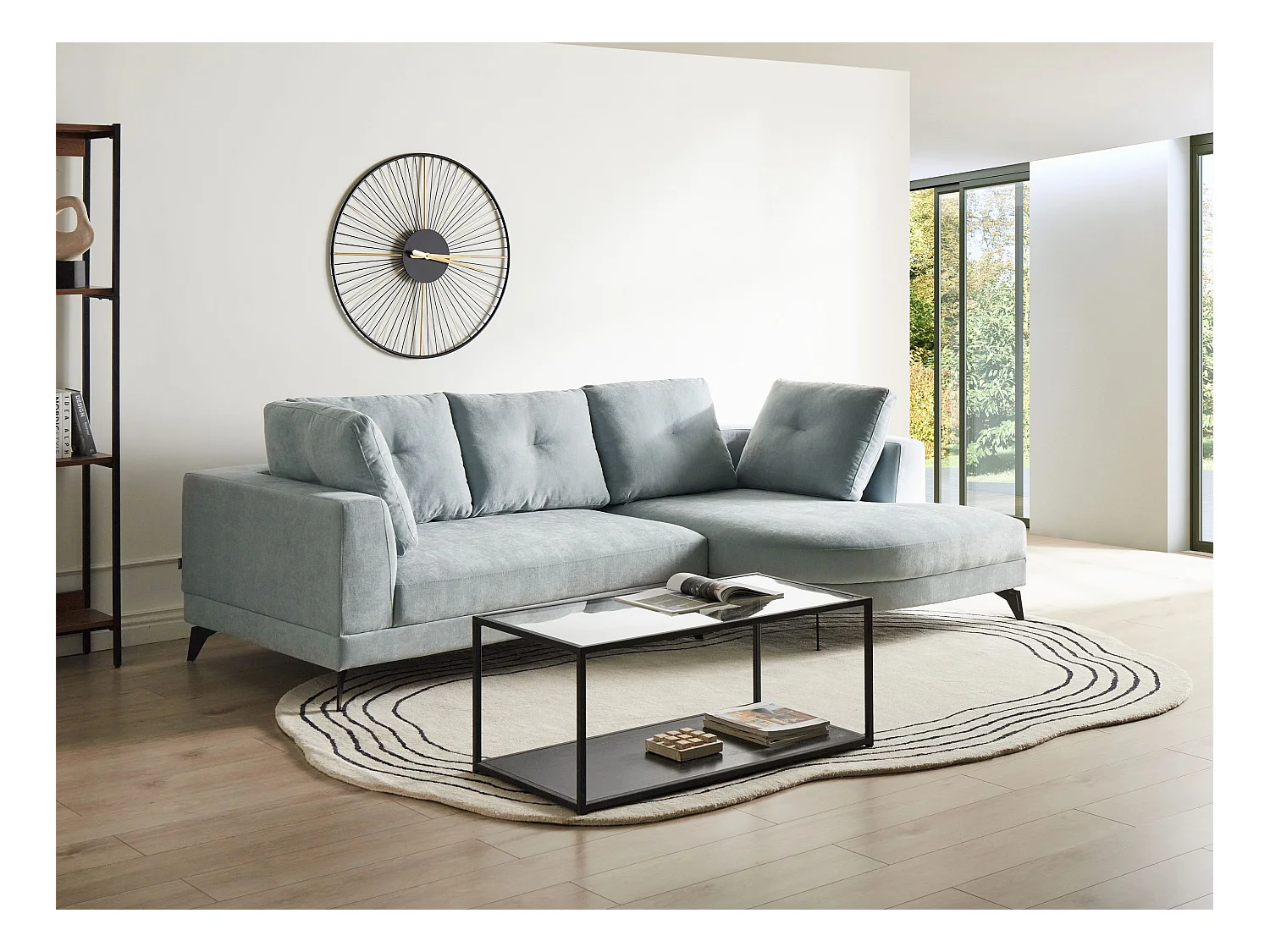 Canapé d'Angle droite Moderne Revêtement Tissu Chenille Pieds en Fer Noirs avec Coussins Bleu Clair Marum