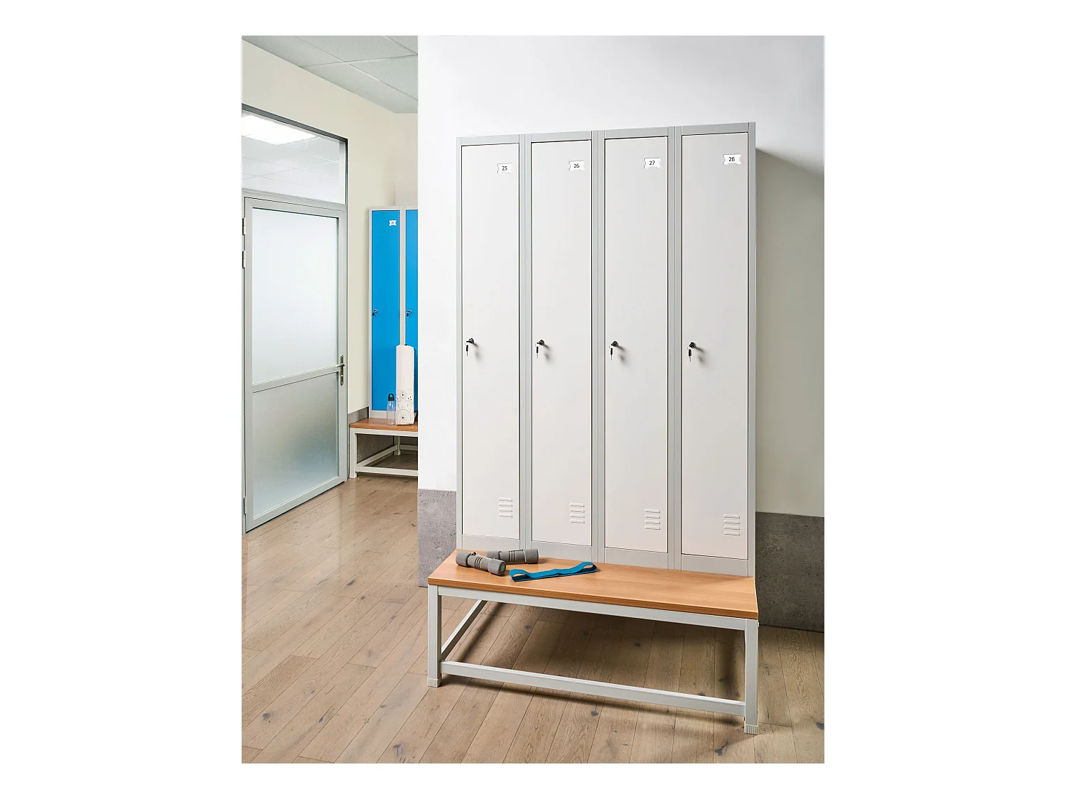 Casier vestiaire à 4 portes avec banc ATHLETE Métal Gris/blanc