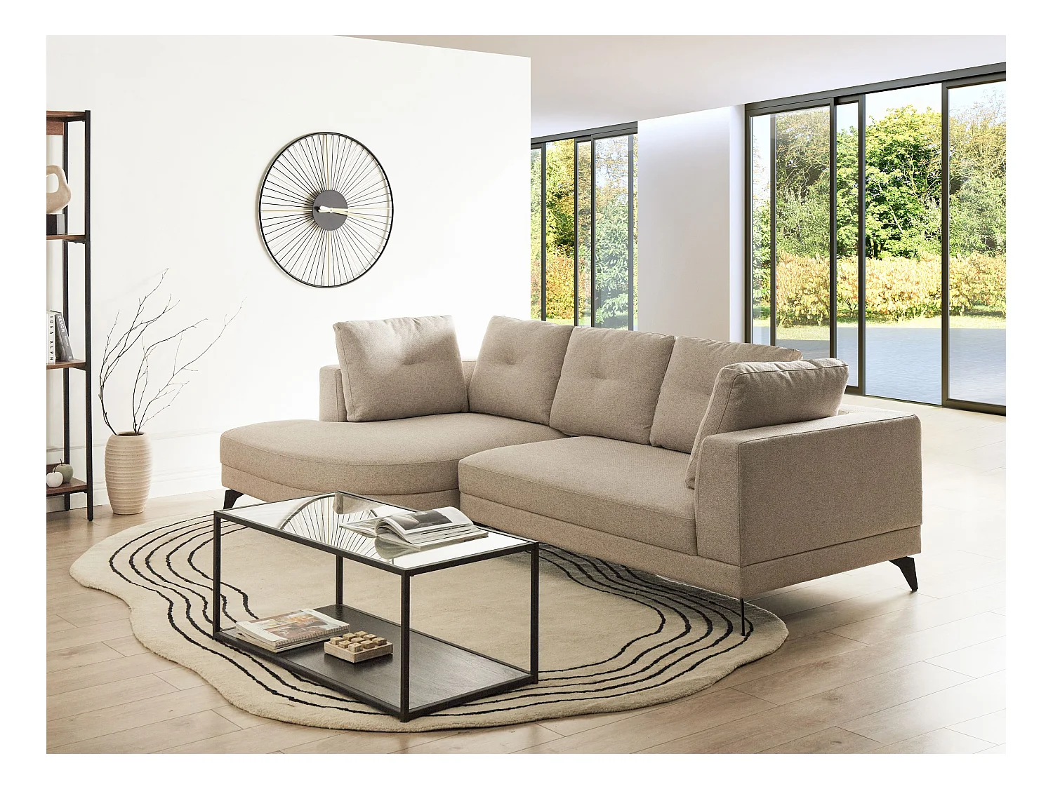 Canapé d'Angle Droit Moderne Revêtement Lin Synthétique Hydrofuge Pieds en Fer Noir avec Coussins Beige Clair Marum