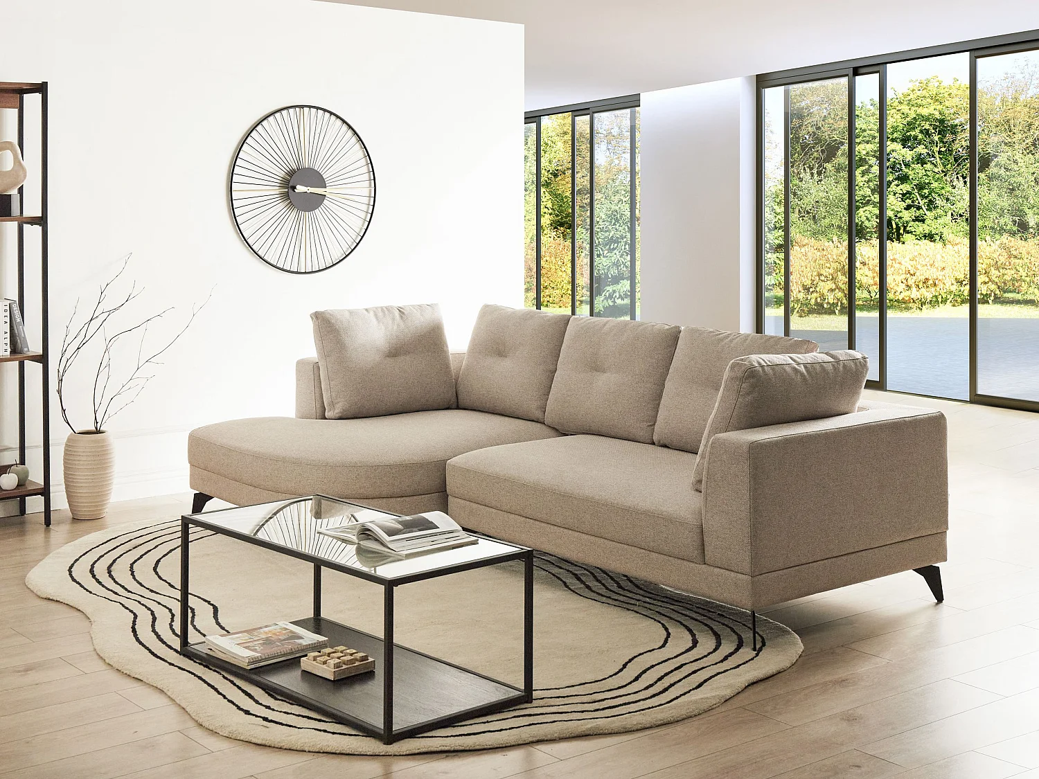 Canapé d'Angle Droit Moderne Revêtement Lin Synthétique Hydrofuge Pieds en Fer Noir avec Coussins Beige Clair Marum