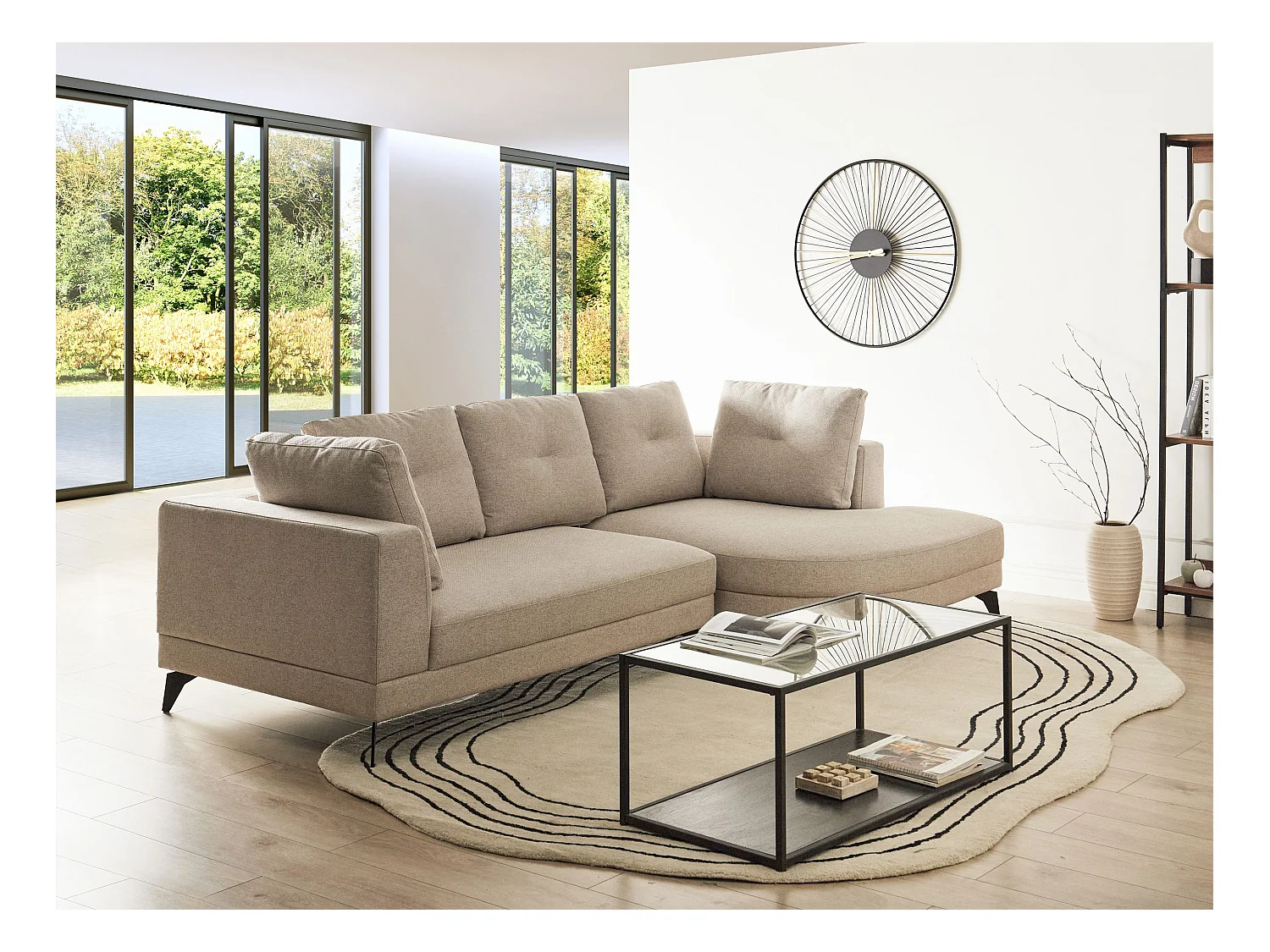 Canapé d'Angle droite Moderne Revêtement Lin Synthétique Hydrofuge Pieds en Fer Noir avec Coussins Beige Clair Marum