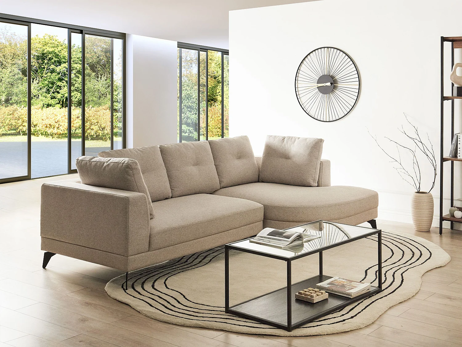 Canapé d'Angle Gauche Moderne Revêtement Lin Synthétique Hydrofuge Pieds en Fer Noir avec Coussins Beige Clair Marum