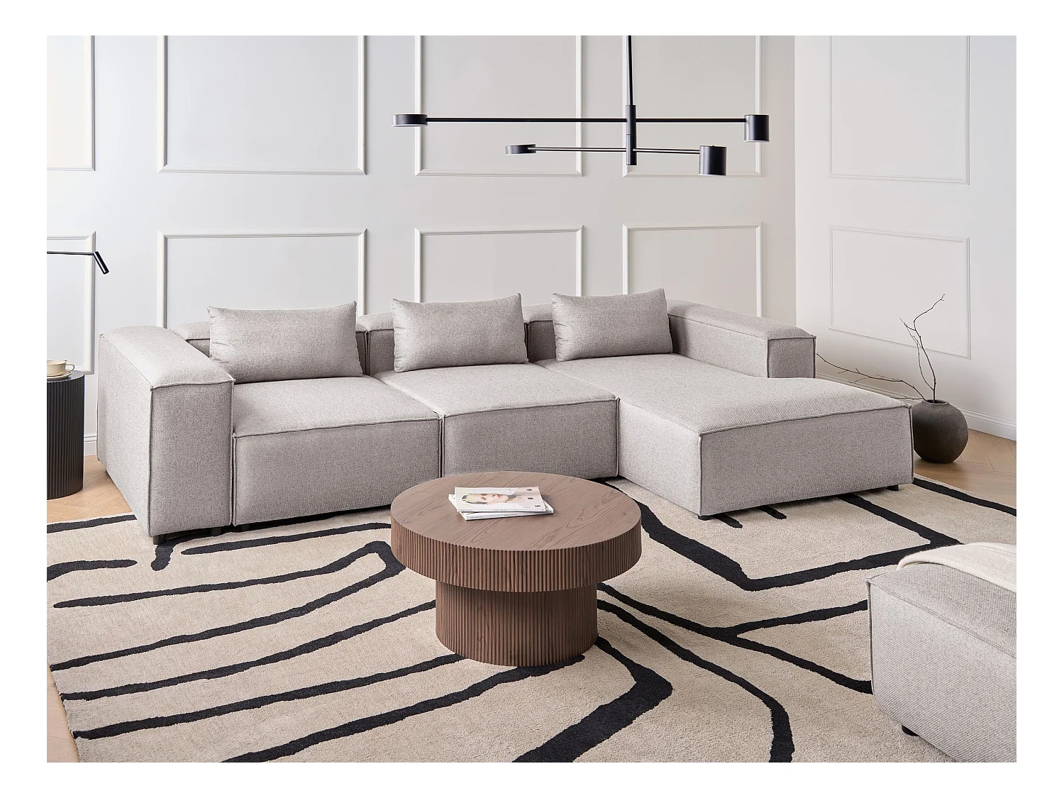 Canapé d'Angle à droite Modulable Moderne en Tissu 4 Places avec Accoudoirs Marron Clair Brande